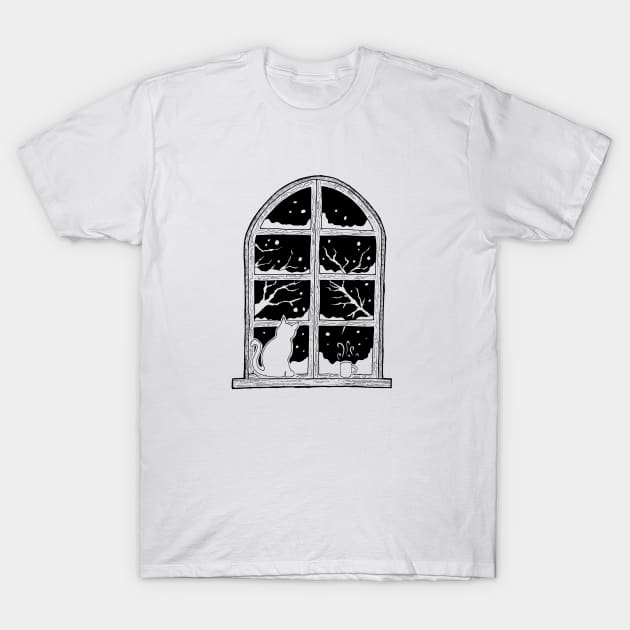 Winter window with snow and a cat T-Shirt by PrintablesPassions